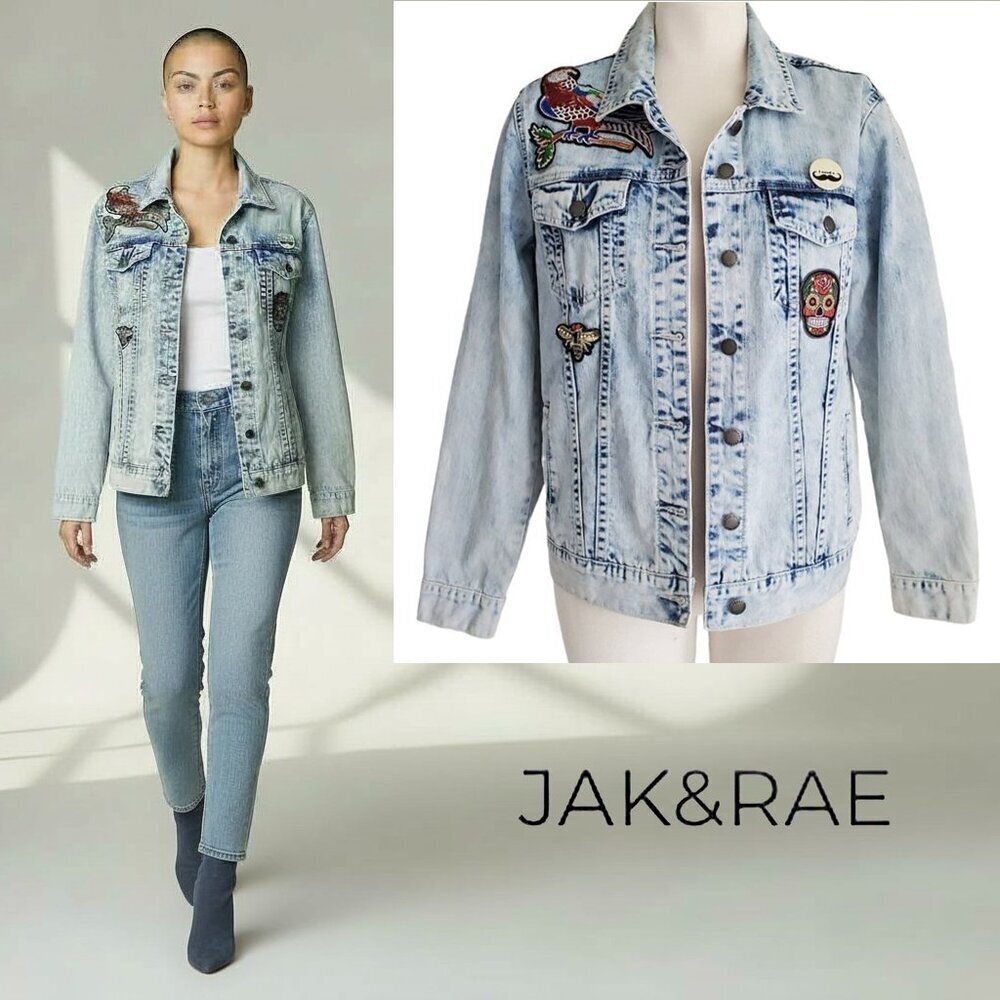 Jak & Rae Acid Wash Trucker Jean Jacket Embroidered & Sequin Patches SM